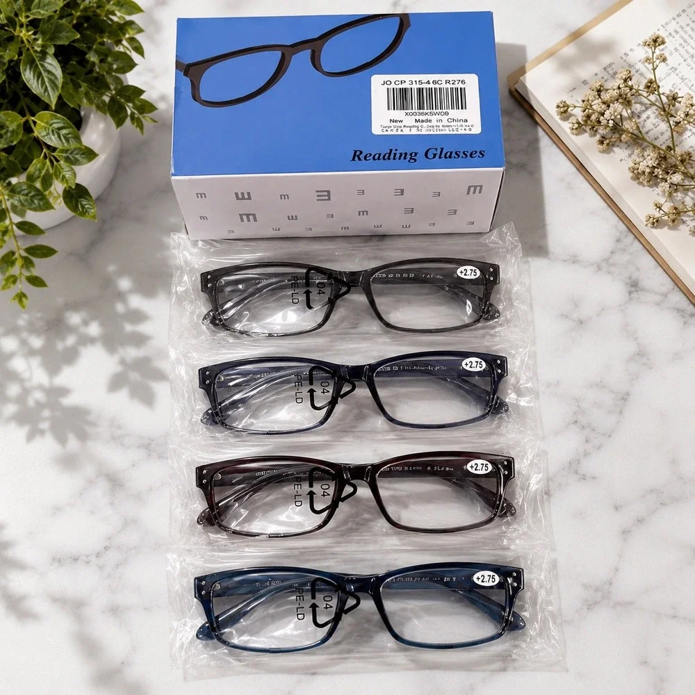Reading Glasses 4 Pack +2.75 Rectangular Frames Burgundy Blue Brown Torty-shell